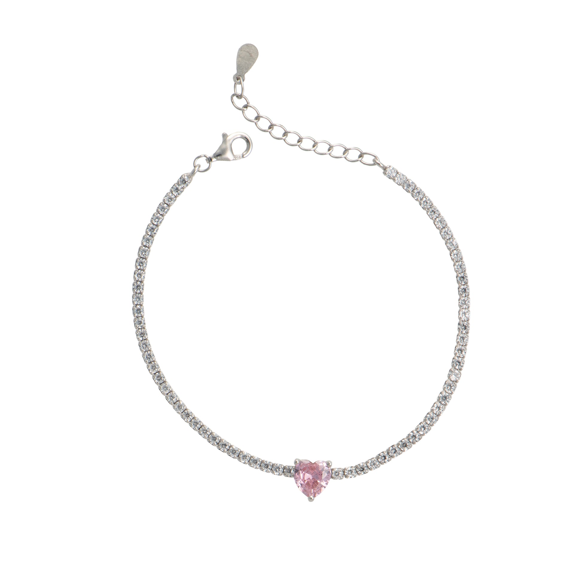 Bracciale con cuore in argento 925 - Bracciale Tennis Silver Little Heart Pink