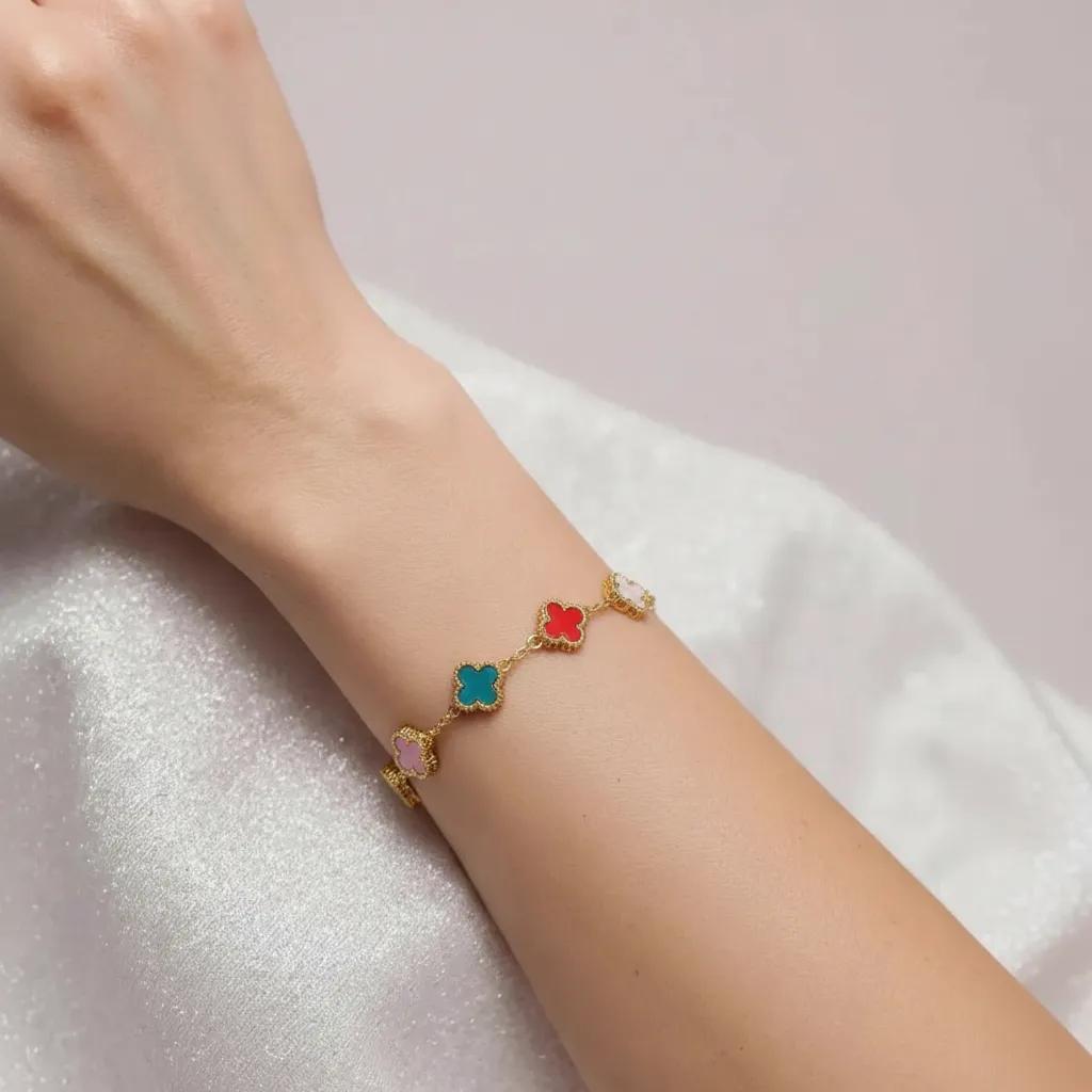 Bracciale con charm dorato - Bracciale Quadrifoglio Multicolor Gold - foto 2