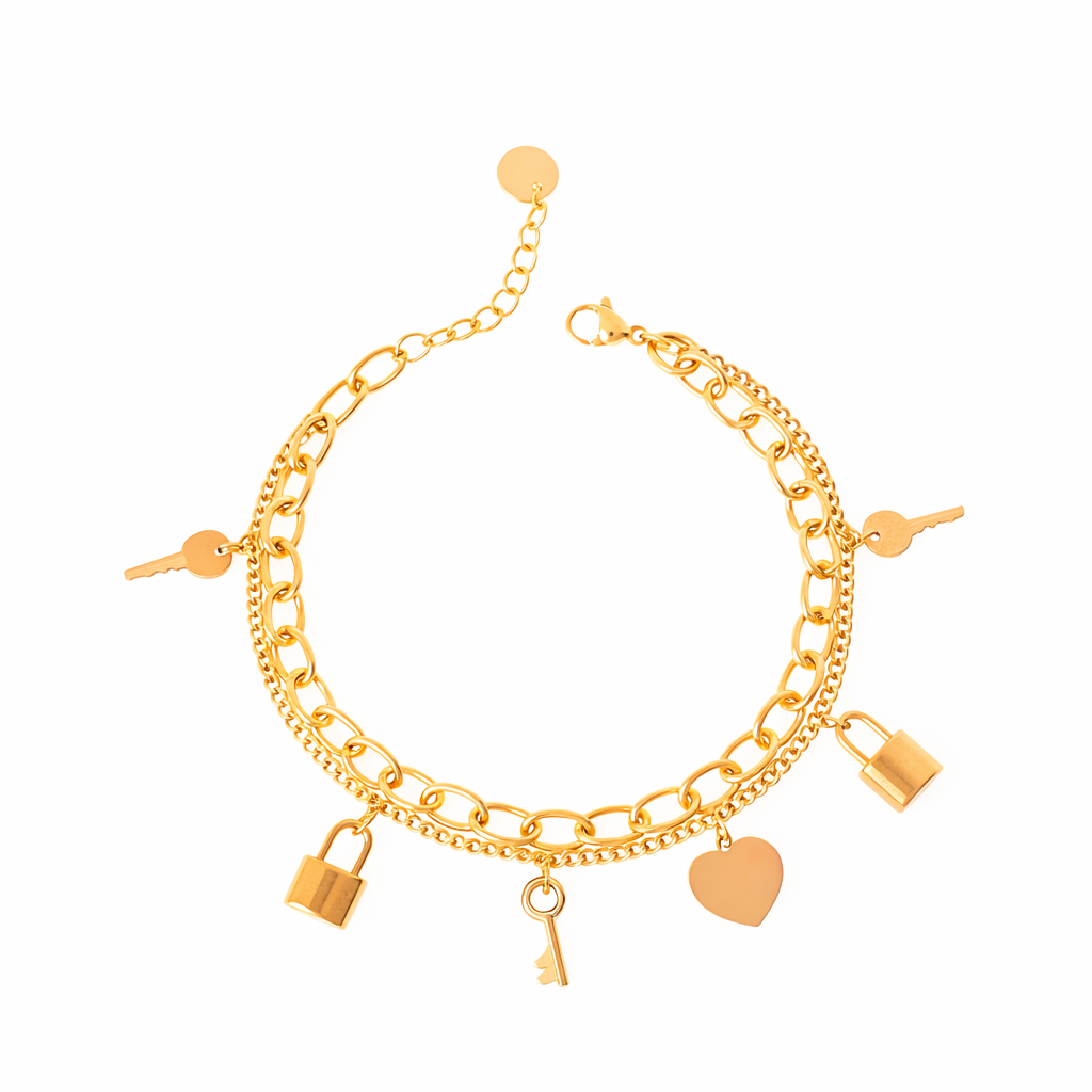 Bracciale con cuore con charm dorato - Bracciale Layered Chain