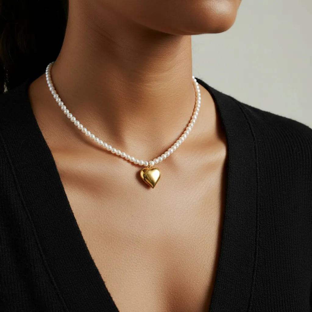 Collana con cuore dorato - Collana Pearl & Gold Puffy Heart - FOTO 2