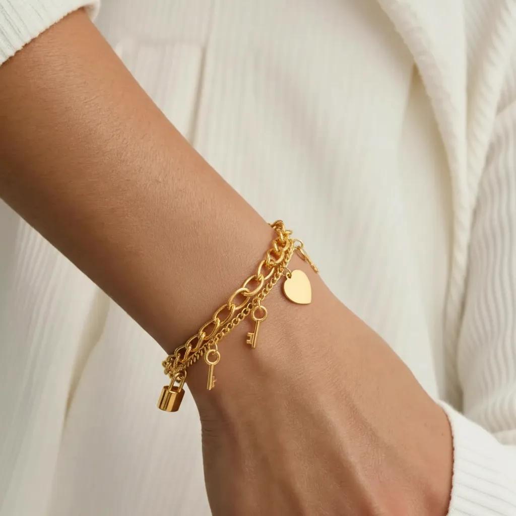 Bracciale con cuore con charm dorato - Bracciale Layered Chain