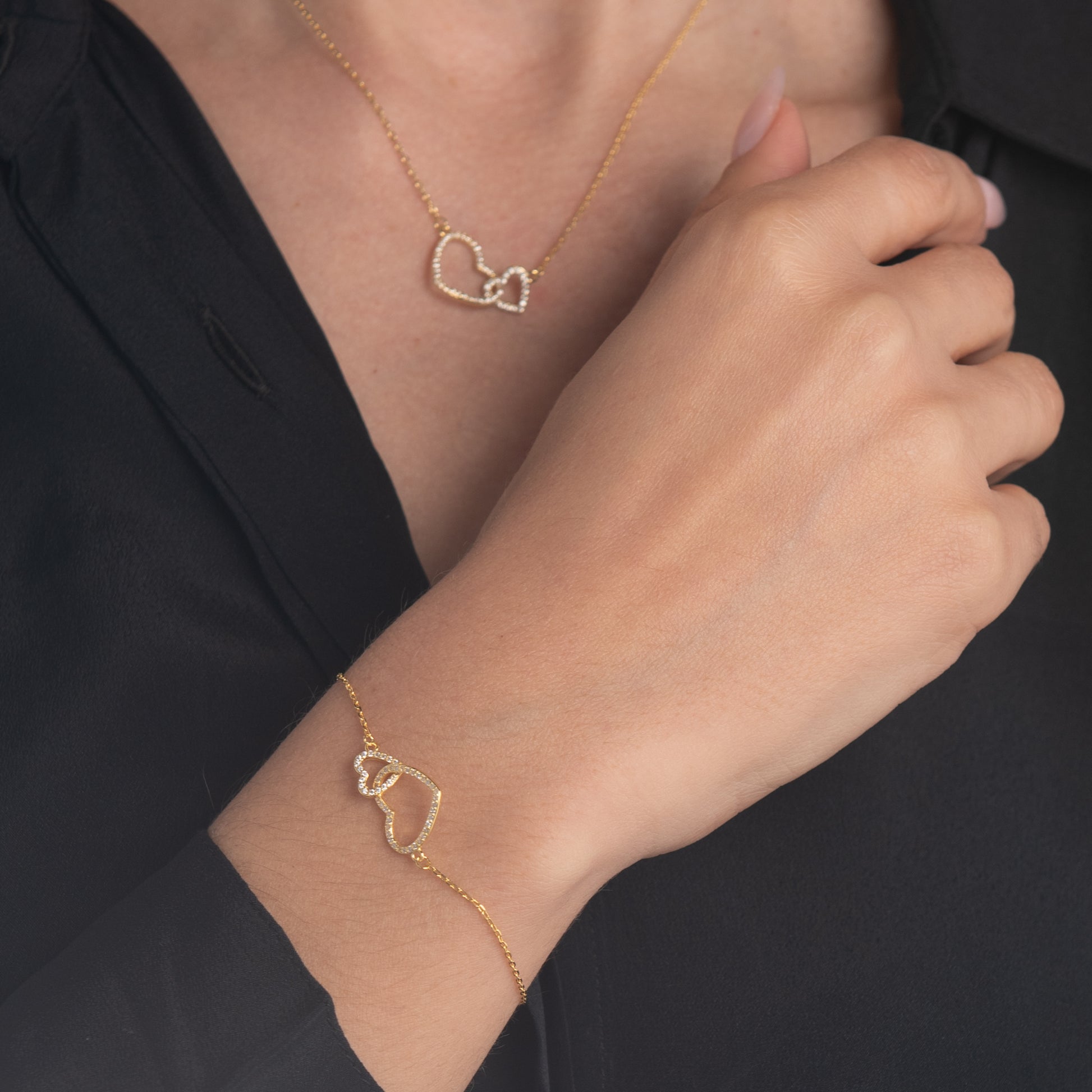 Collana pendenti con cuore in argento 925 con zirconi - Collana Gold Double Hearts