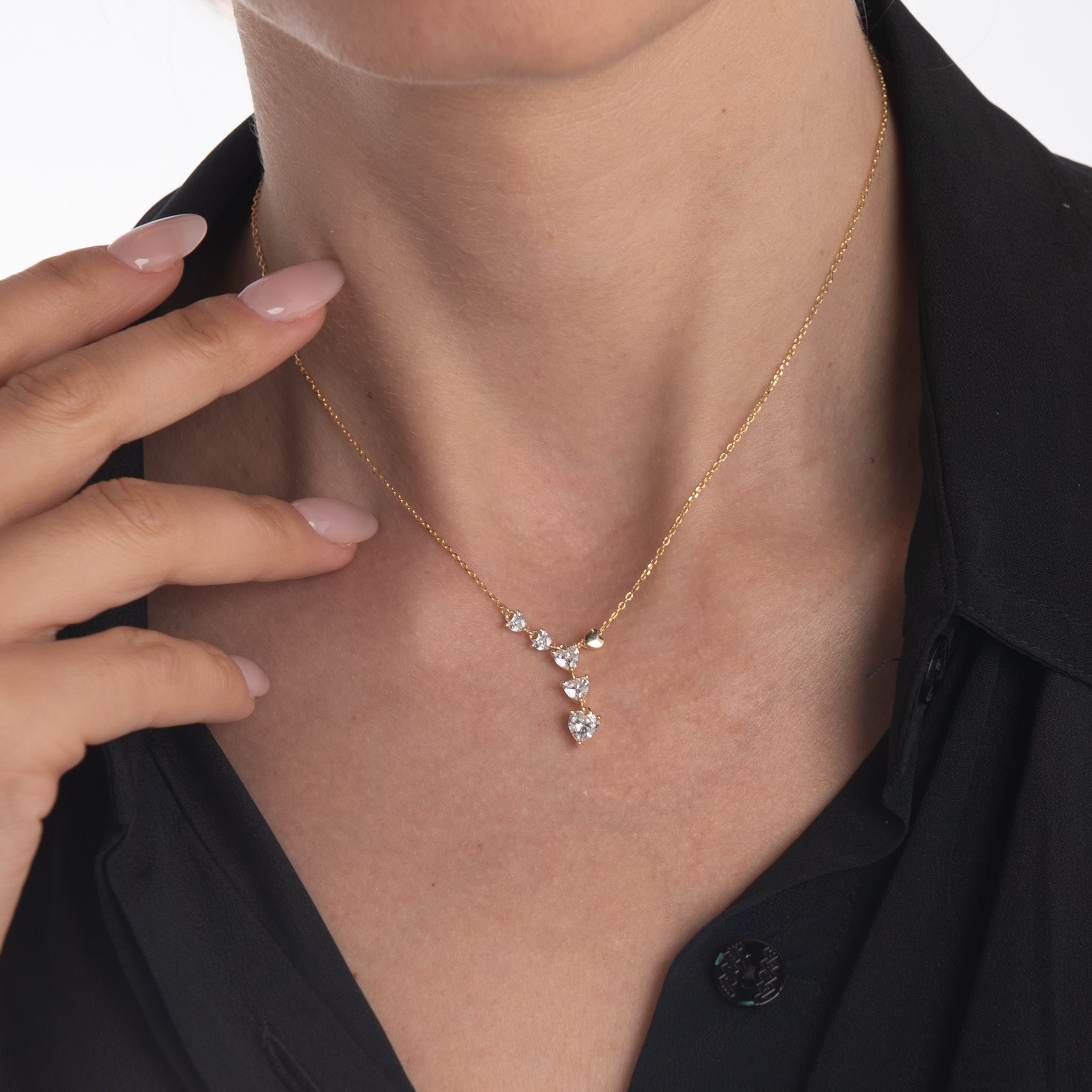 Collana pendenti con cuore in argento 925 con zirconi - Collana Cascade of Hearts – Argento 925 con Cuori a Scalare